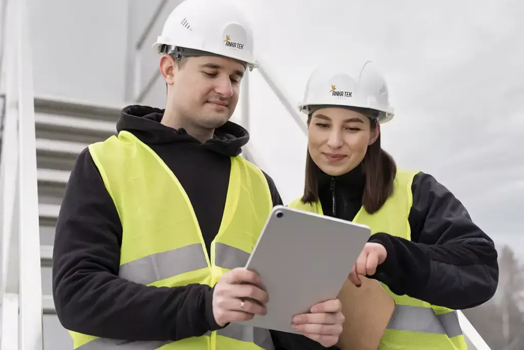 İş Güvenliği Uzmanı Kimdir, Ne İş Yapar? A'dan Z'ye Kapsamlı Kariyer Rehberi 5 İki iş güvenliği uzmanı, modern denetim yöntemleriyle tablet üzerinden saha denetim formunu ve acil durum eylem planını inceliyor