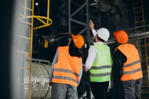 İş güvenliği uzmanı ve yöneticiler, tehlikeli sınıftaki bir fabrikada OSGB denetimi kapsamında üretim alanında risk değerlendirmesi yapıyor.